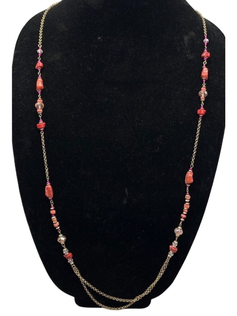 Necklace chain stones beads big clip pink red clear length 40" READ